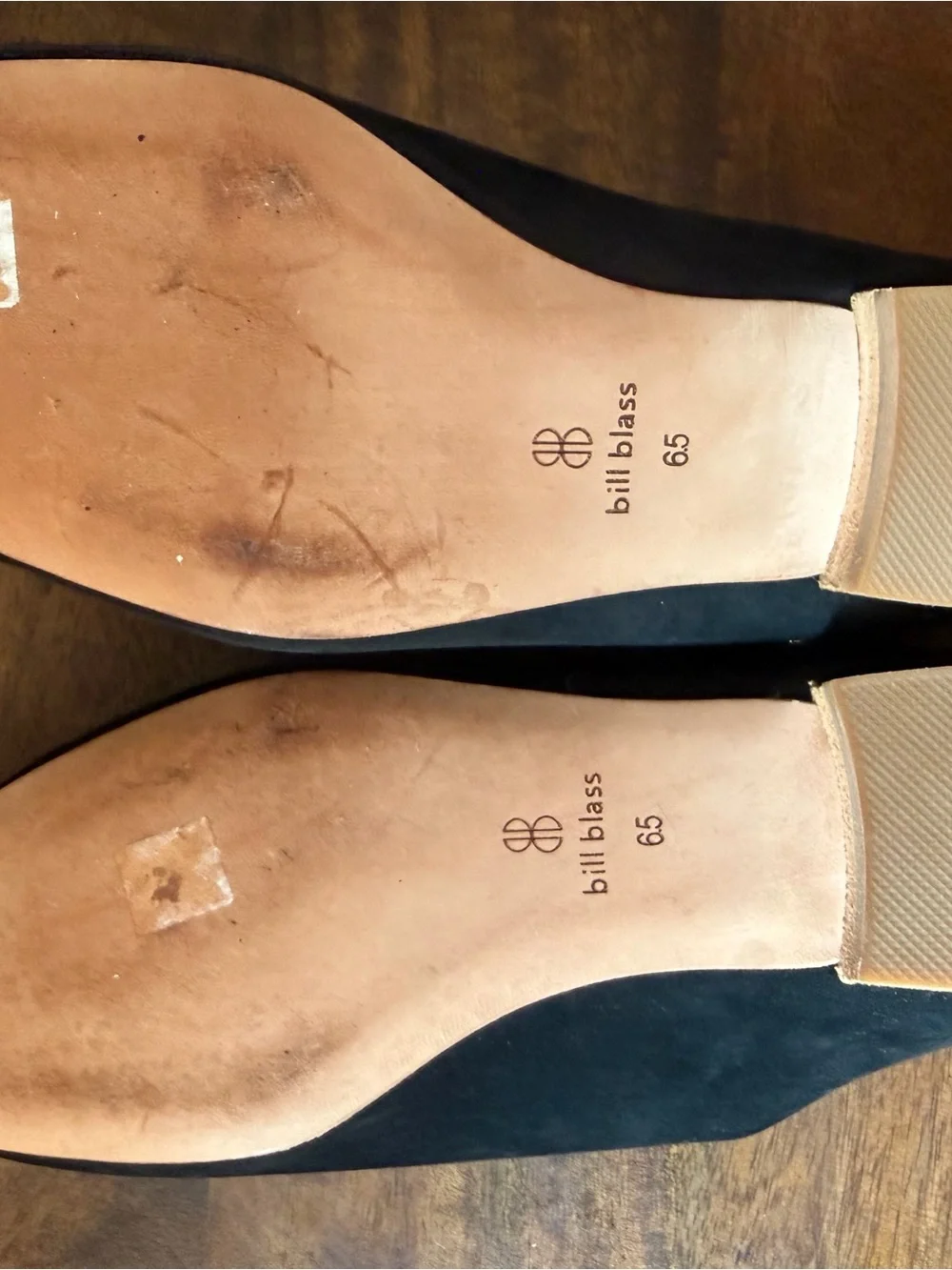 bill blass black suede backless loafers with tan sole